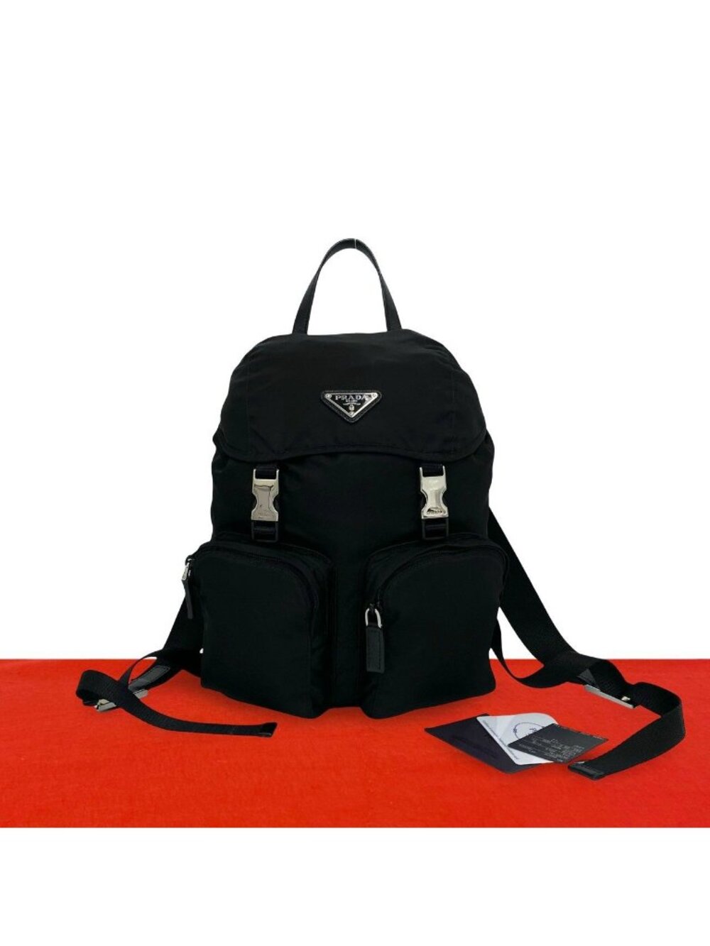 Prada Triangle Logo Tessuto Pocono Nylon Saffiano Leather Backpack Black